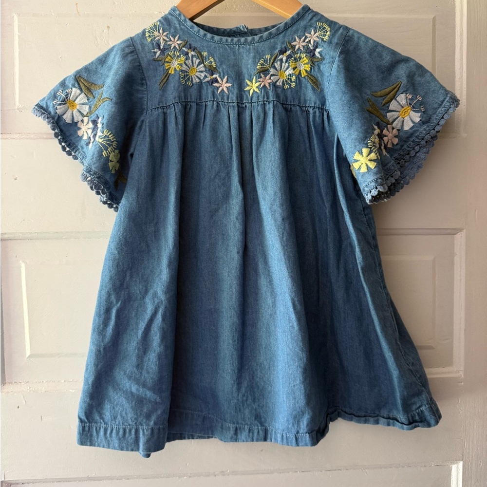 Mud Pie Blue Denim Dress with Floral Embroidery